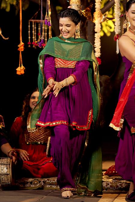 Nimbu Mirchi_Purple Crepe Zari, Sequins, Embroidery Split V-neck Yoke Kurta Salwar Set _at_Aza_Fashions