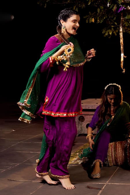 Buy_Nimbu Mirchi_Purple Crepe Zari, Sequins, Embroidery Split V-neck Yoke Kurta Salwar Set 