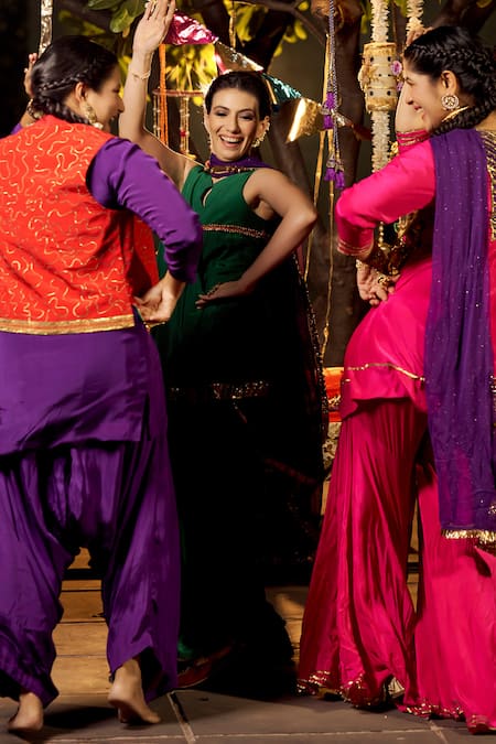 Shop_Nimbu Mirchi_Green Crepe, Chiffon Embroidery Split V-neck Short Pleated Anarkali Sharara Set _Online_at_Aza_Fashions