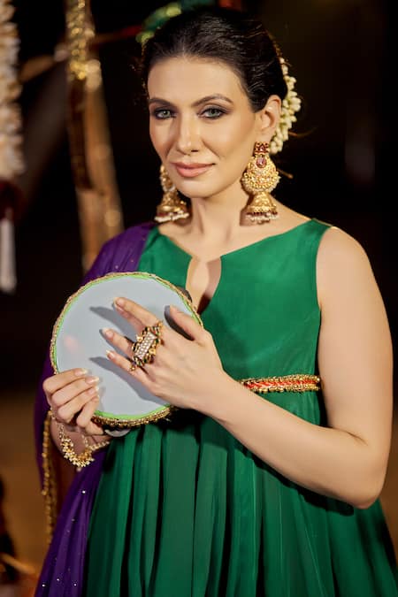 Nimbu Mirchi_Green Crepe, Chiffon Embroidery Split V-neck Short Pleated Anarkali Sharara Set _at_Aza_Fashions