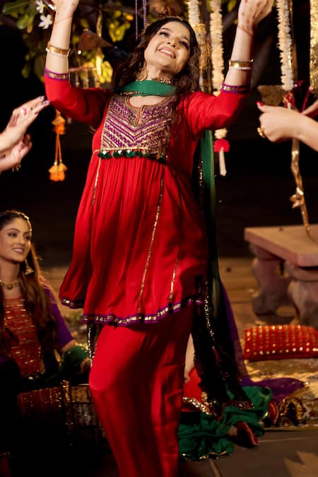 Buy_Nimbu Mirchi_Red Crepe, Chiffon Metallic Thread, Sequins, Embroidered Yoke Kurta Salwar Set _Online_at_Aza_Fashions