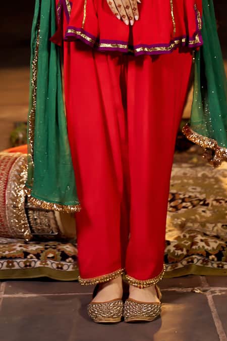 Shop_Nimbu Mirchi_Red Crepe, Chiffon Metallic Thread, Sequins, Embroidered Yoke Kurta Salwar Set _Online_at_Aza_Fashions