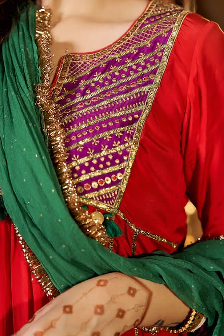 Nimbu Mirchi_Red Crepe, Chiffon Metallic Thread, Sequins, Embroidered Yoke Kurta Salwar Set _at_Aza_Fashions