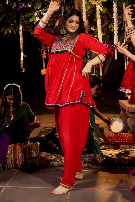 Shop_Nimbu Mirchi_Red Crepe, Chiffon Metallic Thread, Sequins, Embroidered Yoke Kurta Salwar Set 