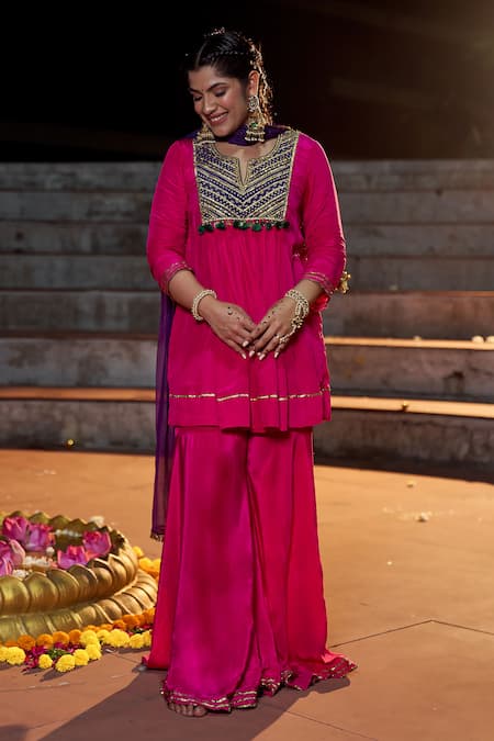 Nimbu Mirchi Pink Crepe Embroidery Zari Metal Sequin Yoke Kurta Sharara Set  