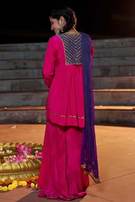 Nimbu Mirchi Metal Sequin Embroidered Yoke Kurta Sharara Set 