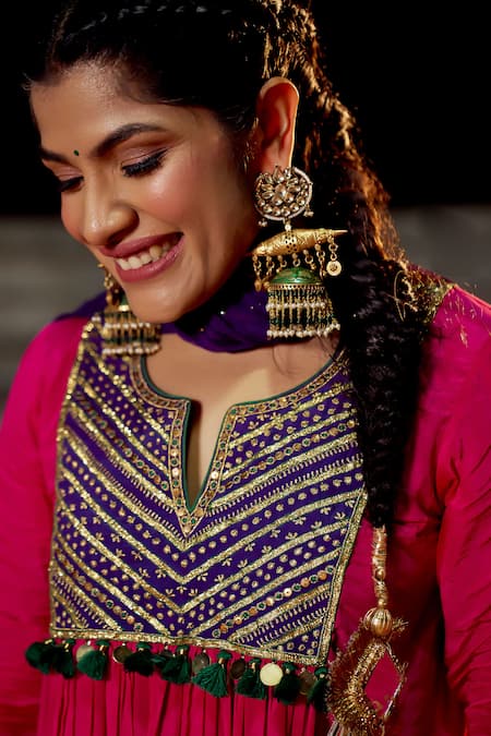 Nimbu Mirchi_Pink Crepe, Chiffon Sequins, Zari Metal Embroidered Yoke Kurta Sharara Set _Online_at_Aza_Fashions