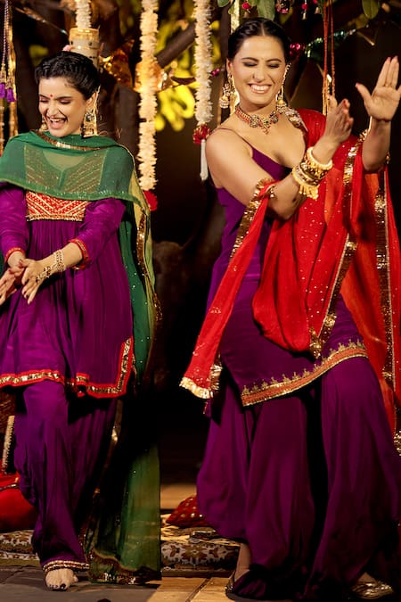 Buy_Nimbu Mirchi_Purple Crepe Zari, Sequins Scoop Neck Sleeveless Kurta Asymmetric Sharara Set _Online_at_Aza_Fashions