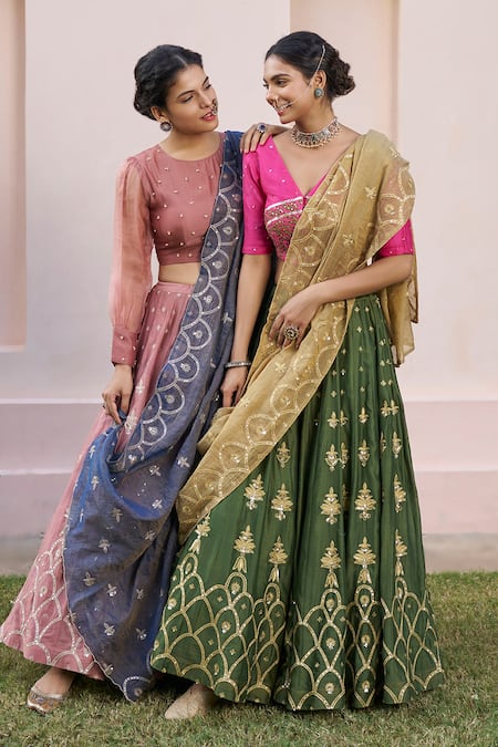 Buy Naaz By Noor Green Chanderi, Tissue Sequins, Embroidery V-neck Lehenga Set Buy_Naaz By Noor_Green Chanderi, Tissue Sequins, Embroidery V-neck Lehenga Set