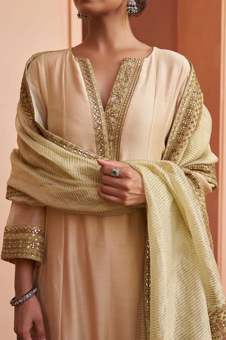 Naaz By Noor Beige Chanderi Sequins, Embroidery V-neck Placket Anarkali Set Online at Aza Fashions Naaz By Noor_Beige Chanderi Sequins, Embroidery V-neck Placket Anarkali Set _Online_at_Aza_Fashions