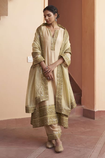 Shop Naaz By Noor Beige Chanderi Sequins, Embroidery V-neck Placket Anarkali Set Online at Aza Fashions Shop_Naaz By Noor_Beige Chanderi Sequins, Embroidery V-neck Placket Anarkali Set _Online_at_Aza_Fashions