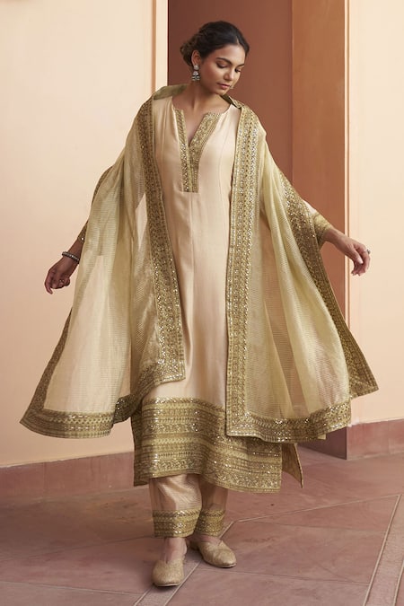 Naaz By Noor Beige Chanderi Sequins, Embroidery V-neck Placket Anarkali Set at Aza Fashions Naaz By Noor_Beige Chanderi Sequins, Embroidery V-neck Placket Anarkali Set _at_Aza_Fashions