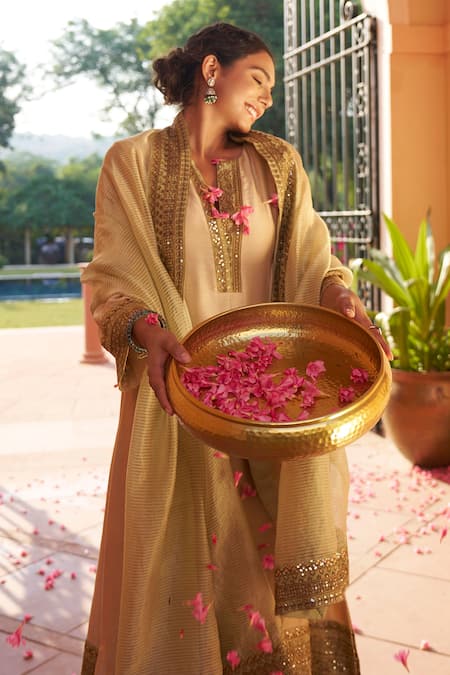 Buy Naaz By Noor Beige Chanderi Sequins, Embroidery V-neck Placket Anarkali Set Buy_Naaz By Noor_Beige Chanderi Sequins, Embroidery V-neck Placket Anarkali Set