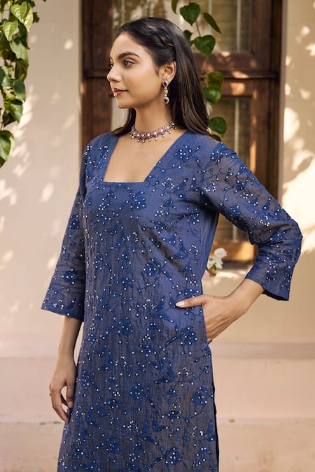 Shop Naaz By Noor Blue Chanderi Sequins, Embroidery Square Neck Floral Kurta And Pant Set Online at Aza Fashions Shop_Naaz By Noor_Blue Chanderi Sequins, Embroidery Square Neck Floral Kurta And Pant Set _Online_at_Aza_Fashions