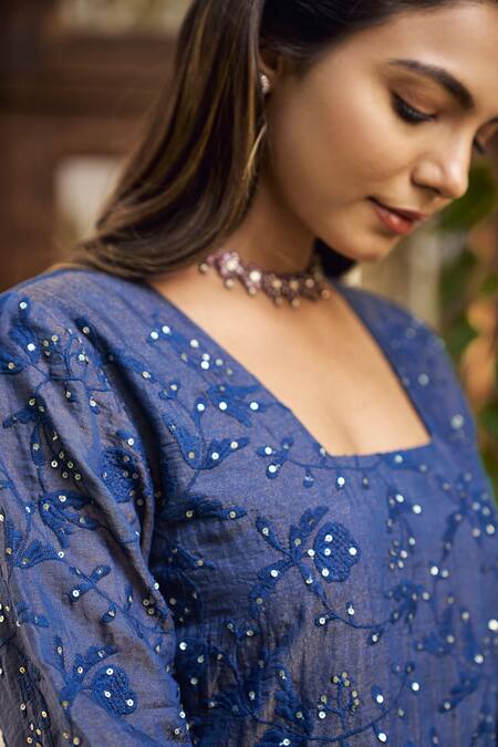 Naaz By Noor Blue Chanderi Sequins, Embroidery Square Neck Floral Kurta And Pant Set at Aza Fashions Naaz By Noor_Blue Chanderi Sequins, Embroidery Square Neck Floral Kurta And Pant Set _at_Aza_Fashions