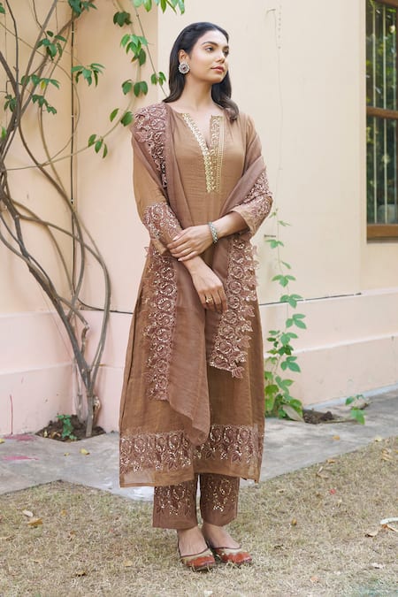 Shop_Naaz By Noor_Brown Chanderi, Organza Lace, Sequins, Embroidery Split Placket Kurta Set _Online_at_Aza_Fashions