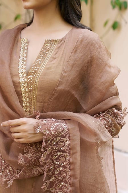 Naaz By Noor_Brown Chanderi, Organza Lace, Sequins, Embroidery Split Placket Kurta Set _at_Aza_Fashions