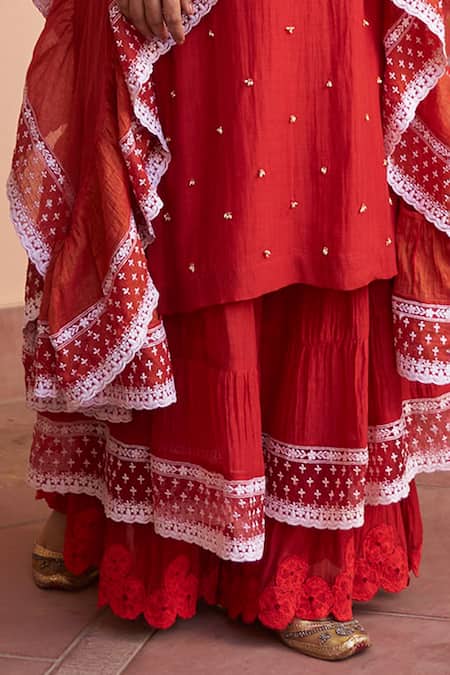 Naaz By Noor Red Chanderi, Net Pearls, Embroidery Round Neck Embellished Kurta Sharara Set Online at Aza Fashions Naaz By Noor_Red Chanderi, Net Pearls, Embroidery Round Neck Embellished Kurta Sharara Set _Online_at_Aza_Fashions