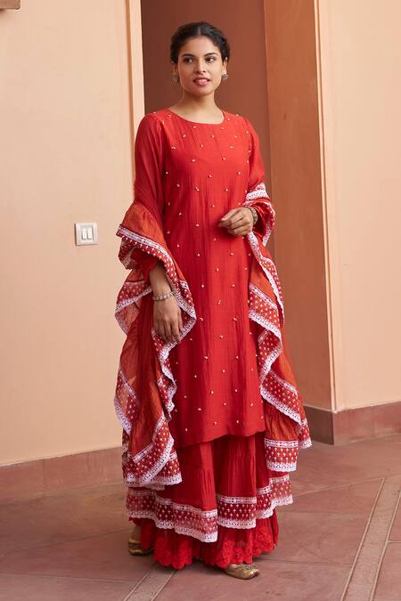 Buy Naaz By Noor Red Chanderi, Net Pearls, Embroidery Round Neck Embellished Kurta Sharara Set Online at Aza Fashions Buy_Naaz By Noor_Red Chanderi, Net Pearls, Embroidery Round Neck Embellished Kurta Sharara Set _Online_at_Aza_Fashions