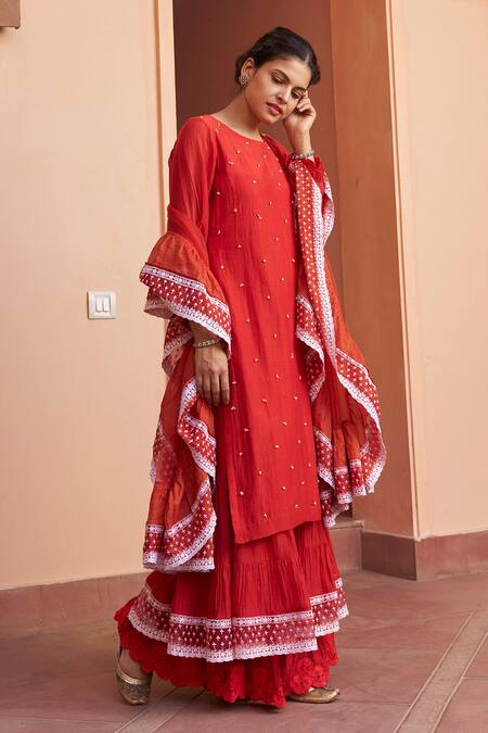 Shop Naaz By Noor Red Chanderi, Net Pearls, Embroidery Round Neck Embellished Kurta Sharara Set Online at Aza Fashions Shop_Naaz By Noor_Red Chanderi, Net Pearls, Embroidery Round Neck Embellished Kurta Sharara Set _Online_at_Aza_Fashions