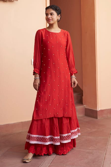 Naaz By Noor Red Chanderi, Net Pearls, Embroidery Round Neck Embellished Kurta Sharara Set at Aza Fashions Naaz By Noor_Red Chanderi, Net Pearls, Embroidery Round Neck Embellished Kurta Sharara Set _at_Aza_Fashions