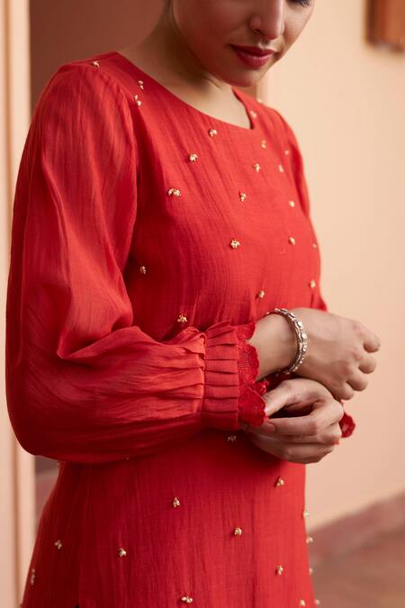 Buy Naaz By Noor Red Chanderi, Net Pearls, Embroidery Round Neck Embellished Kurta Sharara Set Buy_Naaz By Noor_Red Chanderi, Net Pearls, Embroidery Round Neck Embellished Kurta Sharara Set