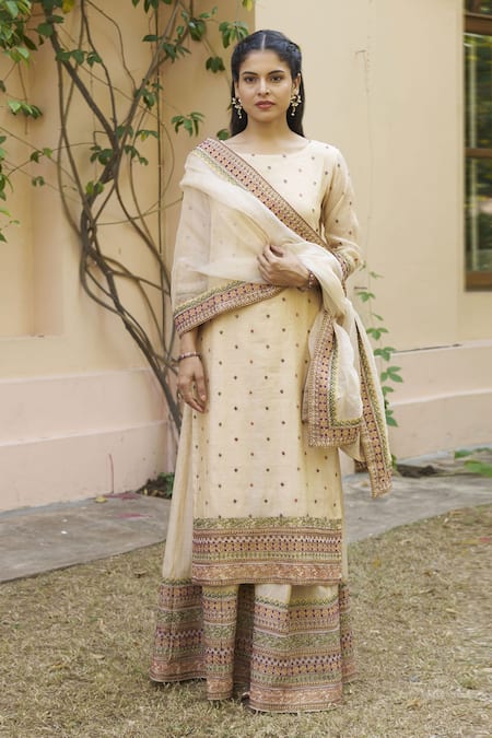 Buy_Naaz By Noor_Cream Tissue, Chanderi, Organza Embroidery Round Neck Bloom Kurta Sharara Set _Online_at_Aza_Fashions