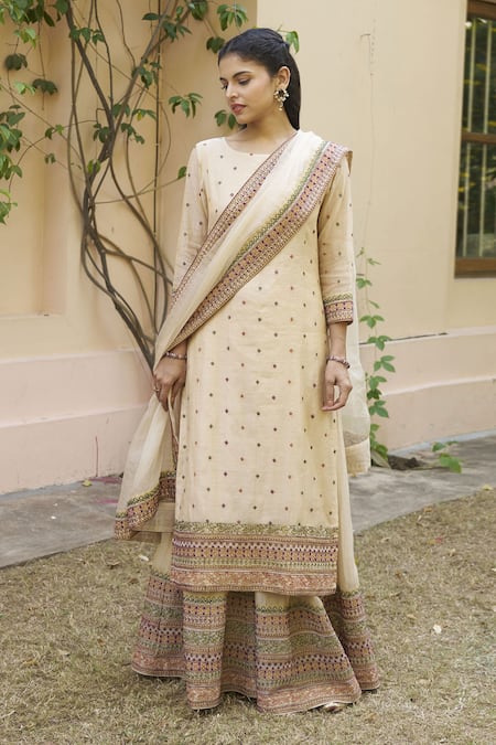 Naaz By Noor_Cream Tissue, Chanderi, Organza Embroidery Round Neck Bloom Kurta Sharara Set _at_Aza_Fashions