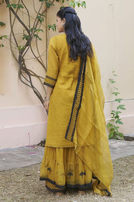 Shop Naaz By Noor Yellow Chanderi, Organza Embroidery Round Neck Flower Kurta Sharara Set at Aza Fashions Shop_Naaz By Noor_Yellow Chanderi, Organza Embroidery Round Neck Flower Kurta Sharara Set _at_Aza_Fashions