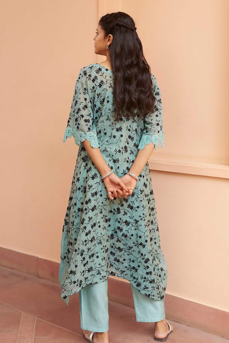 Shop Naaz By Noor Blue Chanderi Embroidery, Lace Scoop Neck Floral Jaal Kaftan Kurta And Pant Set at Aza Fashions Shop_Naaz By Noor_Blue Chanderi Embroidery, Lace Scoop Neck Floral Jaal Kaftan Kurta And Pant Set _at_Aza_Fashions