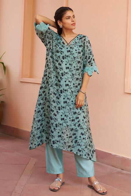 Naaz By Noor Blue Chanderi Embroidery, Lace Scoop Neck Floral Jaal Kaftan Kurta And Pant Set Online at Aza Fashions Naaz By Noor_Blue Chanderi Embroidery, Lace Scoop Neck Floral Jaal Kaftan Kurta And Pant Set _Online_at_Aza_Fashions