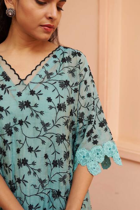 Naaz By Noor Blue Chanderi Embroidery, Lace Scoop Neck Floral Jaal Kaftan Kurta And Pant Set at Aza Fashions Naaz By Noor_Blue Chanderi Embroidery, Lace Scoop Neck Floral Jaal Kaftan Kurta And Pant Set _at_Aza_Fashions