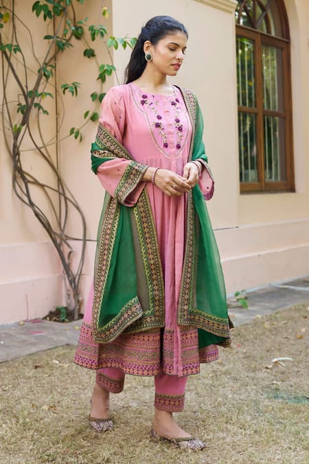Naaz By Noor_Purple Tissue, Chanderi, Organza Gota Patti, Floral Yoke Anarkali Set _Online_at_Aza_Fashions