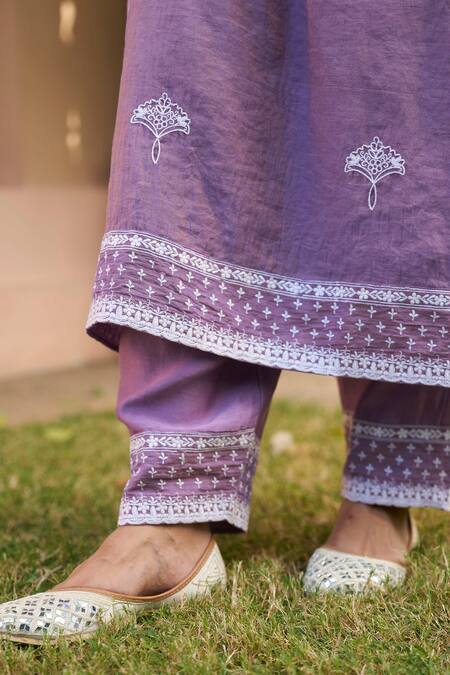 Shop_Naaz By Noor_Purple Chanderi, Organza Embroidery Round Neck Thread Work A-line Kurta Set _Online_at_Aza_Fashions