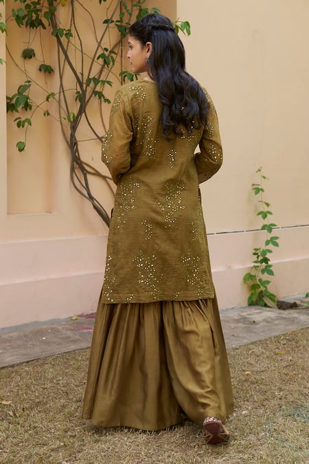 Shop Naaz By Noor Green Chanderi, Organza Sequins, Embroidery Floral Pattern Kurta Sharara Set at Aza Fashions Shop_Naaz By Noor_Green Chanderi, Organza Sequins, Embroidery Floral Pattern Kurta Sharara Set _at_Aza_Fashions