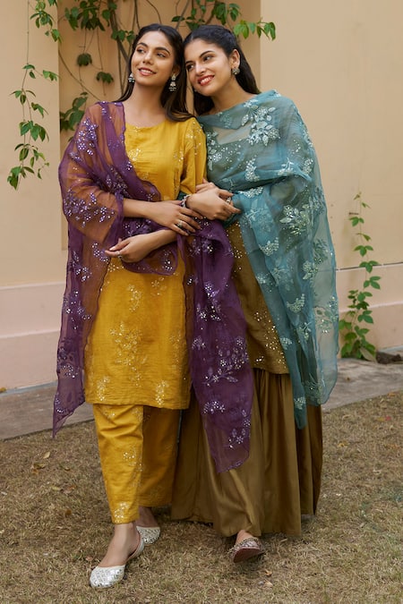 Shop Naaz By Noor Green Chanderi, Organza Sequins, Embroidery Floral Pattern Kurta Sharara Set Online at Aza Fashions Shop_Naaz By Noor_Green Chanderi, Organza Sequins, Embroidery Floral Pattern Kurta Sharara Set _Online_at_Aza_Fashions