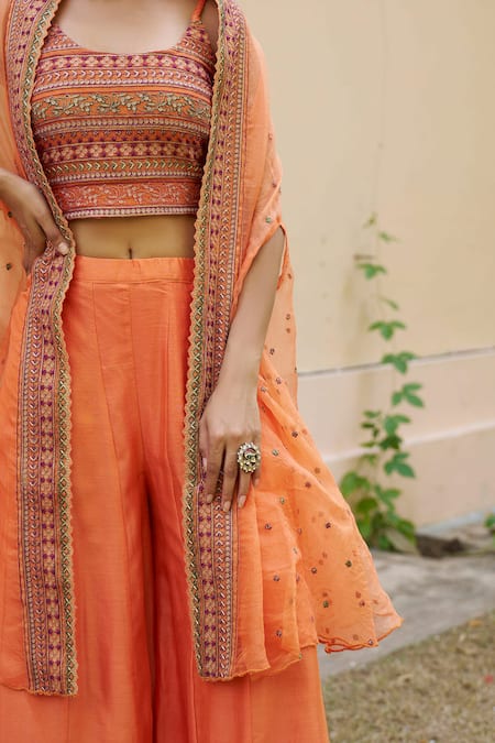 Naaz By Noor_Orange Chanderi Embroidery Round Neck Cape Sharara Set _Online_at_Aza_Fashions