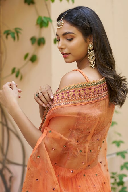 Buy_Naaz By Noor_Orange Chanderi Embroidery Round Neck Cape Sharara Set _Online_at_Aza_Fashions