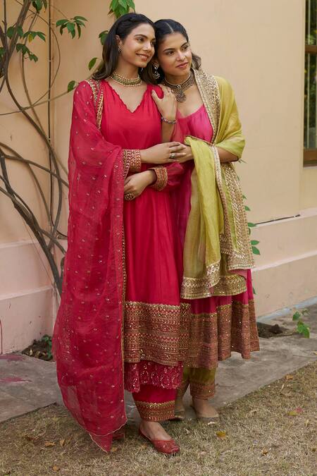 Naaz By Noor Pink Chanderi, Organza Sequins, Embroidery Round Neck Border Anarkali Set at Aza Fashions Naaz By Noor_Pink Chanderi, Organza Sequins, Embroidery Round Neck Border Anarkali Set _at_Aza_Fashions