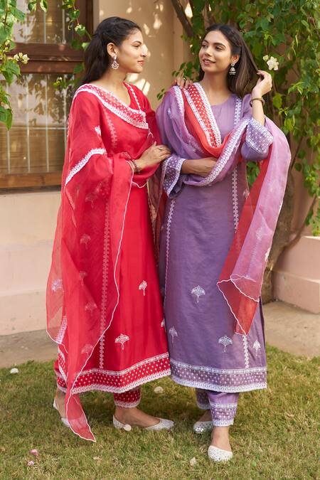 Naaz By Noor Red Chanderi, Organza Embroidery Round Neck Thread A-line Kurta Set at Aza Fashions Naaz By Noor_Red Chanderi, Organza Embroidery Round Neck Thread A-line Kurta Set _at_Aza_Fashions