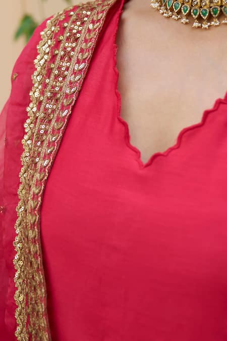 Shop Naaz By Noor Red Chanderi, Organza Sequins, Embroidery Scoop Neck Border Kurta Set Online at Aza Fashions Shop_Naaz By Noor_Red Chanderi, Organza Sequins, Embroidery Scoop Neck Border Kurta Set _Online_at_Aza_Fashions