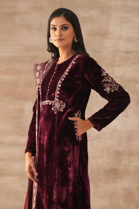 Buy Varun Chhabra Wine Kurta And Pant Velvet Embroidery Resham Round Dori Set Online at Aza Fashions Buy_Varun Chhabra_Wine Kurta And Pant Velvet Embroidery Resham Round Dori Set_Online_at_Aza_Fashions