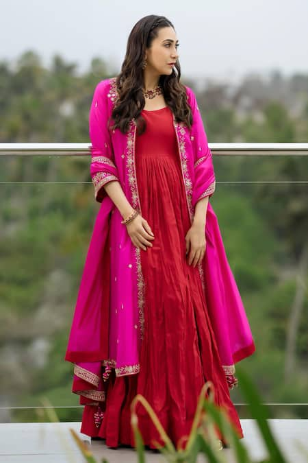 PUNIT BALANA Red Silk Embroidery Floral Anarkali Round Rani Sa Marodi Jacket Set  