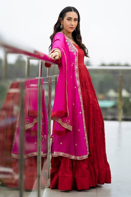 Shop_Punit Balana_Red Silk, Organza Embroidery, Tassels Round Rani Sa Anarkali Marodi Jacket Set _at_Aza_Fashions