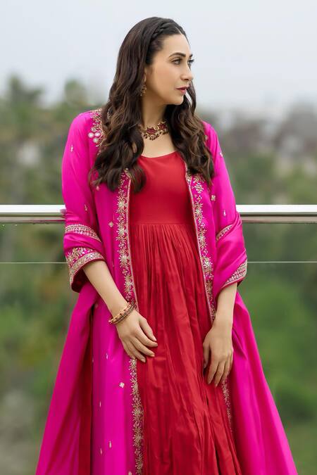 Punit Balana_Red Silk, Organza Embroidery, Tassels Round Rani Sa Anarkali Marodi Jacket Set _Online_at_Aza_Fashions