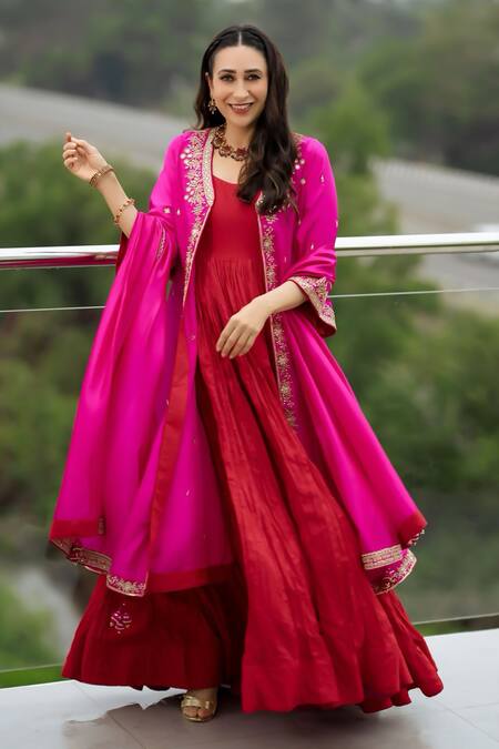 Buy_Punit Balana_Red Silk, Organza Embroidery, Tassels Round Rani Sa Anarkali Marodi Jacket Set _Online_at_Aza_Fashions