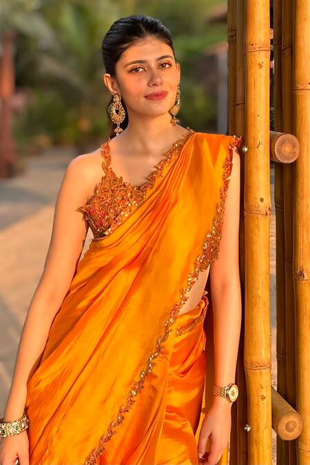 Shop Punit Balana Yellow Chanderi Silk, Organza Embroidery Choli Ke Peeche Saree With Blouse Online at Aza Fashions Shop_Punit Balana_Yellow Chanderi Silk, Organza Embroidery Choli Ke Peeche Saree With Blouse _Online_at_Aza_Fashions
