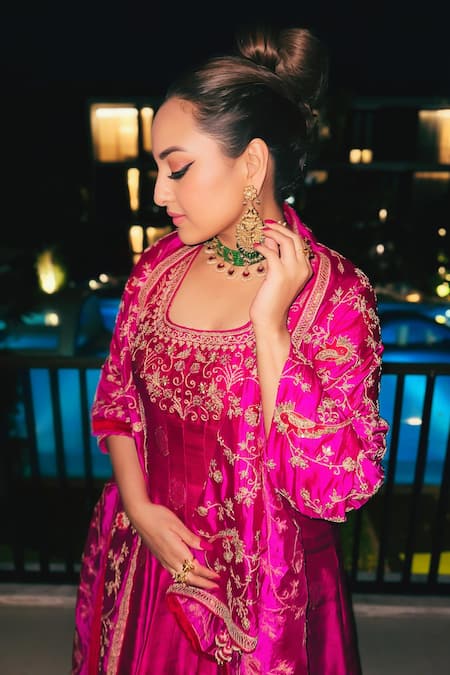 Buy Punit Balana Pink Organza, Brocade Embroidery Square Neck Banarasi Silk Anarkali Pant Set Online at Aza Fashions Buy_Punit Balana_Pink Organza, Brocade Embroidery Square Neck Banarasi Silk Anarkali Pant Set _Online_at_Aza_Fashions