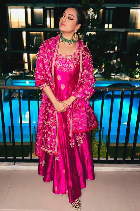 Shop Punit Balana Pink Organza, Brocade Embroidery Square Neck Banarasi Silk Anarkali Pant Set Online at Aza Fashions Shop_Punit Balana_Pink Organza, Brocade Embroidery Square Neck Banarasi Silk Anarkali Pant Set _Online_at_Aza_Fashions