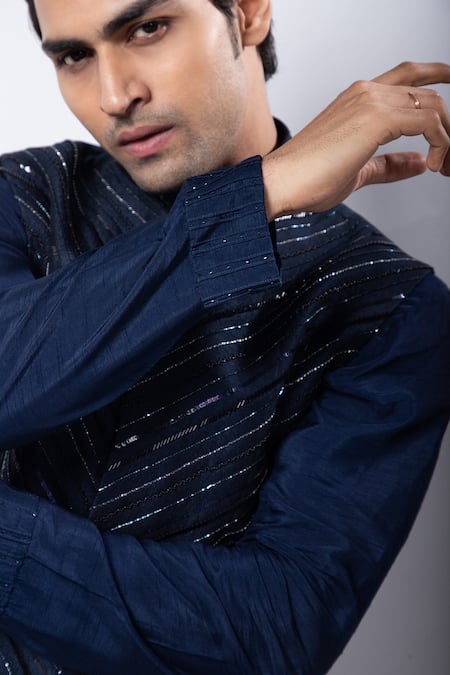 Smriti By Anju Agarwal_Blue Silk, Cotton Sequins, Beads, Cut Navy Hand Embroidered Nehru Jacket Set _Online_at_Aza_Fashions